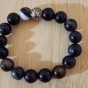Hand Crafted Black and Silver Gemstone Beaded Stretch Bracelet